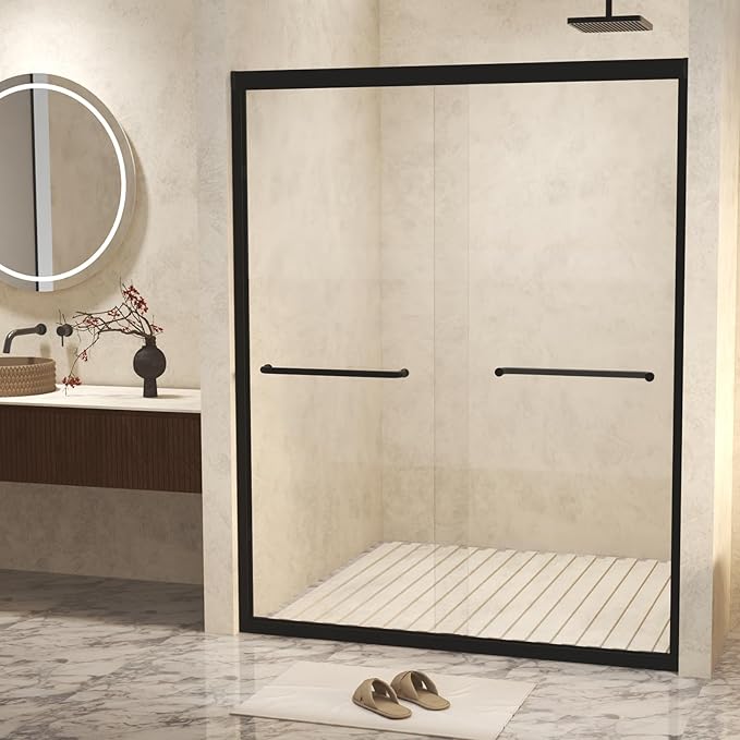 Photo 1 of *** PICTURE FOR REFERENCE***44-48" W x 72" H Tempered Glass Double Sliding Shower Door with Explosion-Proof Film, Matte Black Aluminum Frame & Stainless Steel Handle - American Design