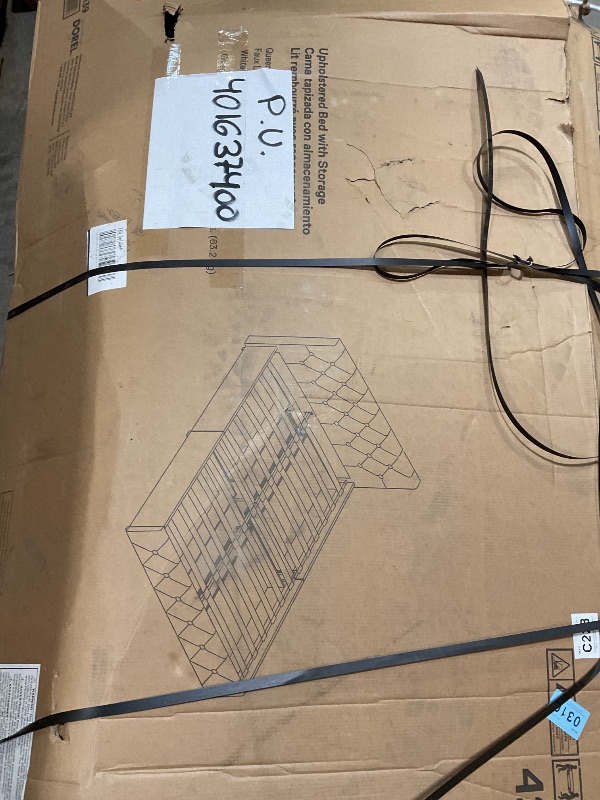 Photo 1 of *** USED, MAJOR DAMAGE, UNKNOWN MISSING HARDWARE***DHP Dakota Upholstered Platform Bed with Underbed Storage Drawers and Diamond Button Tufted Headboard and Footboard, No Box Spring Needed, Queen, White Faux Leather