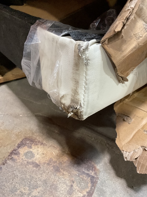 Photo 1 of *** USED, MAJOR DAMAGE, UNKNOWN MISSING HARDWARE***DHP Dakota Upholstered Platform Bed with Underbed Storage Drawers and Diamond Button Tufted Headboard and Footboard, No Box Spring Needed, Queen, White Faux Leather