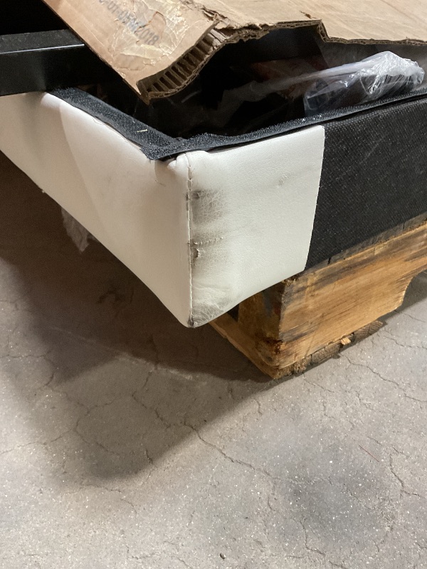 Photo 1 of *** USED, MAJOR DAMAGE, UNKNOWN MISSING HARDWARE***DHP Dakota Upholstered Platform Bed with Underbed Storage Drawers and Diamond Button Tufted Headboard and Footboard, No Box Spring Needed, Queen, White Faux Leather