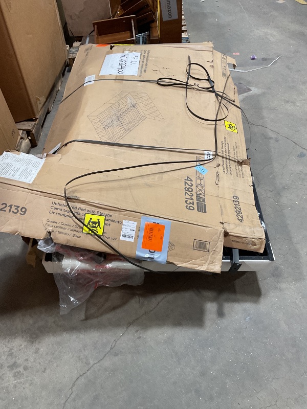 Photo 1 of *** USED, MAJOR DAMAGE, UNKNOWN MISSING HARDWARE***DHP Dakota Upholstered Platform Bed with Underbed Storage Drawers and Diamond Button Tufted Headboard and Footboard, No Box Spring Needed, Queen, White Faux Leather