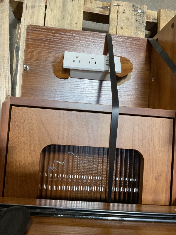 Photo 1 of *** USED, MISSING HARDWARE, MAJOR DAMAGE ***Arulvmrn Vanity Desk with 35.12" HD Lighted Mirror, 46.85" Big Modern Vanity Desk with Mirror and Lights, Makeup Vanity with 7 Drawers and Storage Shelves and Charging Station, Walnut