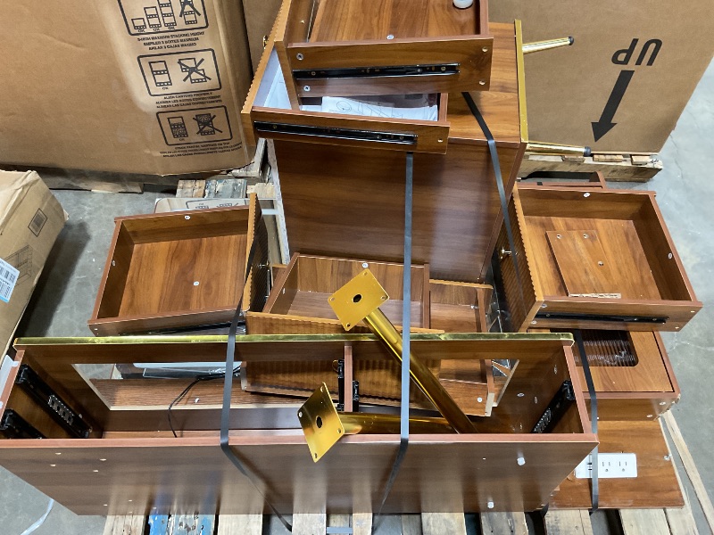 Photo 1 of *** USED, MISSING HARDWARE, MAJOR DAMAGE ***Arulvmrn Vanity Desk with 35.12" HD Lighted Mirror, 46.85" Big Modern Vanity Desk with Mirror and Lights, Makeup Vanity with 7 Drawers and Storage Shelves and Charging Station, Walnut