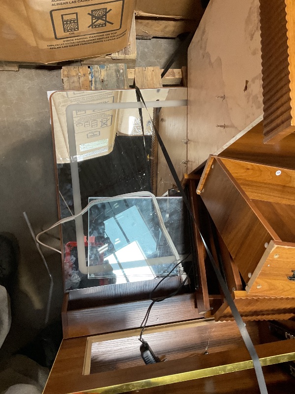 Photo 1 of *** USED, MISSING HARDWARE, MAJOR DAMAGE ***Arulvmrn Vanity Desk with 35.12" HD Lighted Mirror, 46.85" Big Modern Vanity Desk with Mirror and Lights, Makeup Vanity with 7 Drawers and Storage Shelves and Charging Station, Walnut