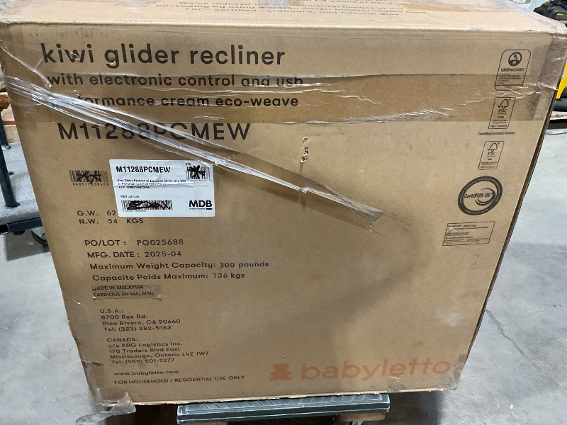 Photo 1 of *** USED, MINOR DAMAGE,***Babyletto Kiwi Glider Recliner Nursery Chair w/ USB Ports - GREENGUARD Gold Certified - Water & Stain Resistant Glider Rocking Chair - Electronic, 270° Swivel, Performance Cream Eco-Weave