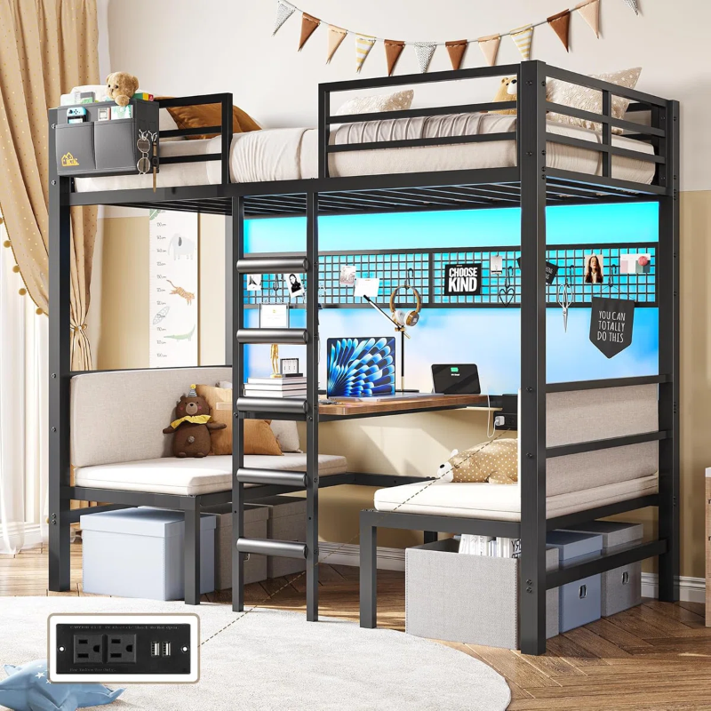 Photo 1 of ***partial set box 1of 2 only 
Twin Over Twin Bunk Bed With Led Lights And Charging Station Convertible Loft Bed Twin Size With Desk And Seat Metal Bunk Bed With Desk & Safety Guard And Stair(cushion Not Included)