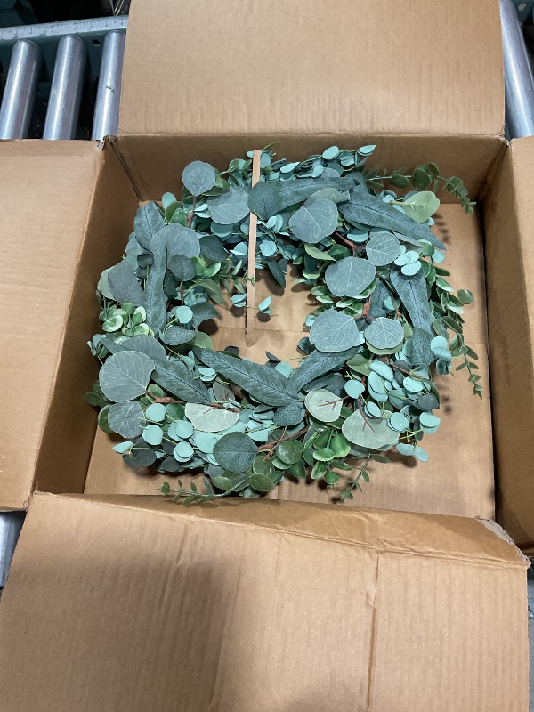 Photo 1 of 22" Eucalyptus Wreath, Year Round Wreaths for Front Door, Spring Summer Wreath with Green Faux Eucalyptus, All Seasons Evergreen Decor for Inside Farmhouse Festival Celebration Party