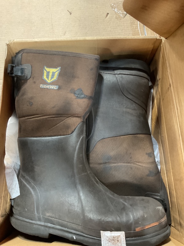 Photo 1 of **DIRTY***TIDEWE Rubber Work Boot for Men with Steel Toe & Shank, Waterproof Anti Slip Hunting Boot, 6mm Neoprene Hunting Boot for Manufacturing, Construction, Farming, Brown, Size 12
