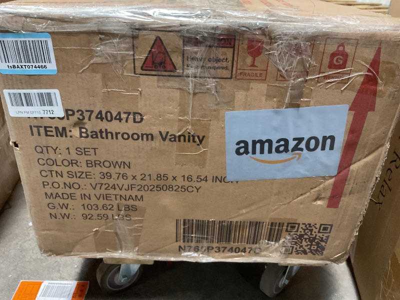 Photo 1 of *** USED, MAJOR DAMAGE***Christopher Knight Home Pyke 36 Inch Bathroom Vanity with Sink, MDF Frame with Ceramic Sink, One Door with Flip-Up Storage and Dual Drawers, Metal Handles, Storage Cabinet, Toilet Organizer, Walnut