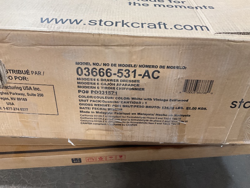 Photo 1 of *** USED, UNKNOWN MISSING PARTS ***Storkcraft Modern 6 Drawer Double Dresser (White with Vintage Driftwood) – GREENGUARD Gold Certified, Modern Double Dresser for Nursery and Kids Bedroom, Wide Dresser Organizer for Children’s Bedroom