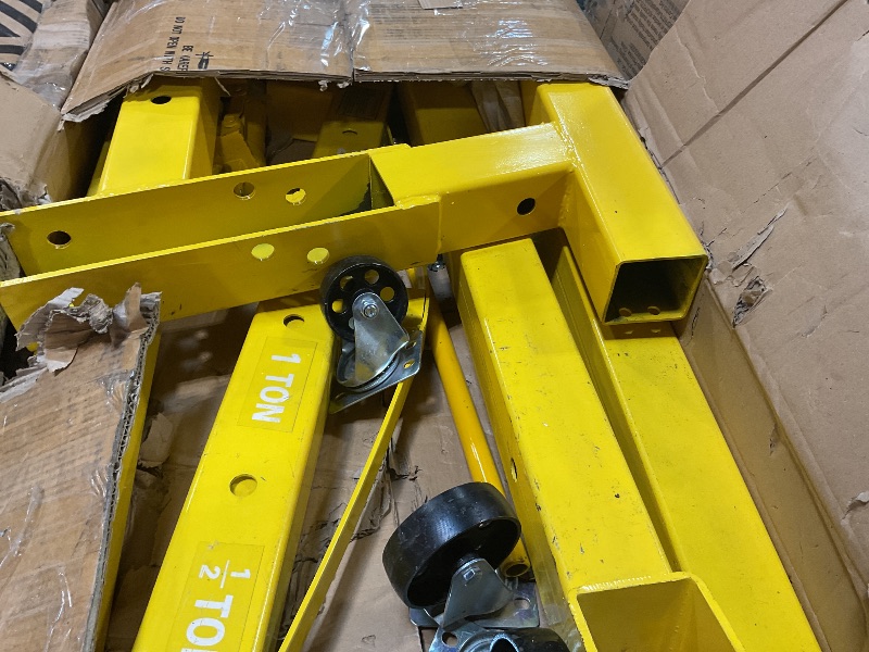 Photo 1 of *** USED, UNKNOWN MISSING HARDWARE/PARTS***2-Ton Folding Engine Hoist Cherry Picker 4400 Lb Capacity Hydraulic Shop Crane with Telescoping Boom 6 Caster Wheels for Automotive Repair Garage Use Includes Hitch and Storage Stand Yellow
