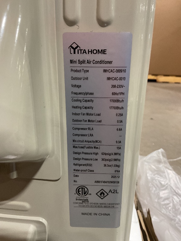 Photo 1 of *** PHOTO FOR REFERENCE,BOX 2 ONLY, OUTDOOR UNIT***YITAHOME 18000 BTU Mini Split Air Conditioner Heat Pump System, Wifi Enabled 19 SEER2 208-230V Inverter Ductless AC Cool Up to 1250 Sq. Ft, Compatible with Alexa, Complete Installation Kit, White