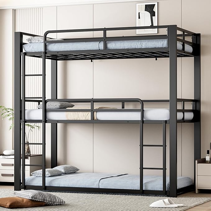 Photo 1 of *** PHOTO REFERENCE FOR REFERENCE, BOX B ONLY ***Metal Triple Bunk Bed, Twin Over Twin Over Twin Heavy Duty Bunkbeds, Full-Length Guardrail Family-Friendly for All Ages, Bedroom, No Box Spring Needed, Easy Assembly, Black
