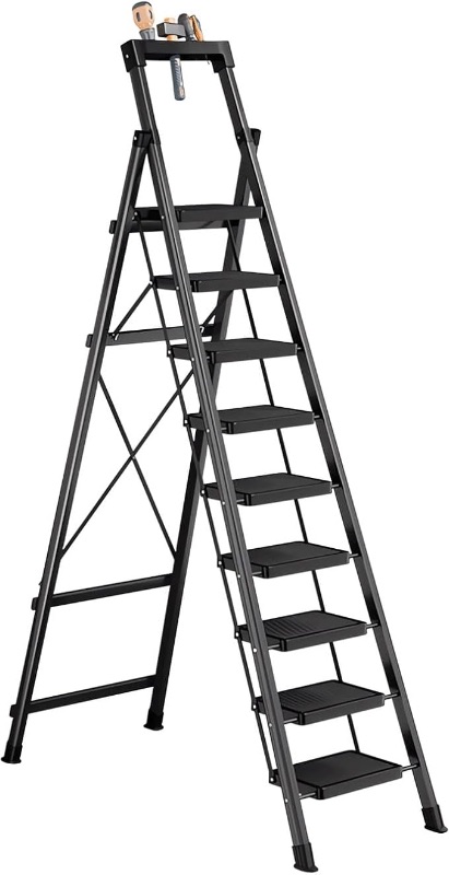 Photo 1 of ***MISSING BIGGER CROSS BAR SCREW*** 9 Step Ladder with Tool Tray,Folding Step Stool with Wide Pedal,Safety Locking,Convenient Tool Platform,Sturdy Steel Ladder Portable Safety Ladder for Painting Home Garden Outdoor Garage