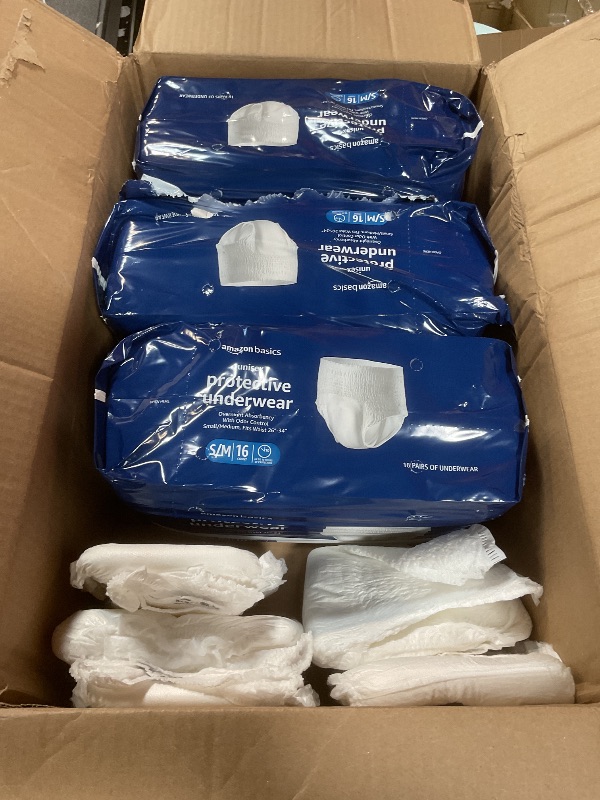 Photo 1 of **3 packs plus 5 individual**Amazon Basics Unisex Protective Overnight Incontinence Underwear with Odor Protection, Small/Medium, 64 Count (4 Packs of 16)