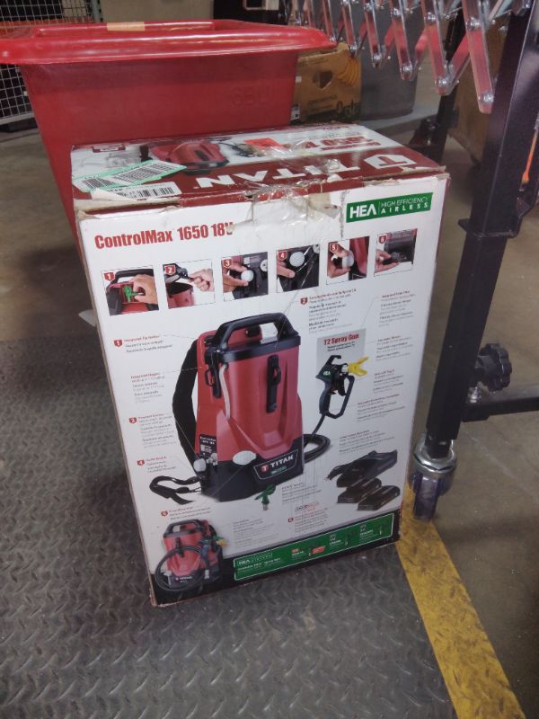 Photo 1 of ***COVERED IN PAINT ***MISSING CHARGER*** Titan 2441251 ControlMax 1650 18V Cordless High Efficiency Airless Paint Sprayer, HEA Technology Decrease Overspray by up to 55%, Cordless Allows You to go Anywhere