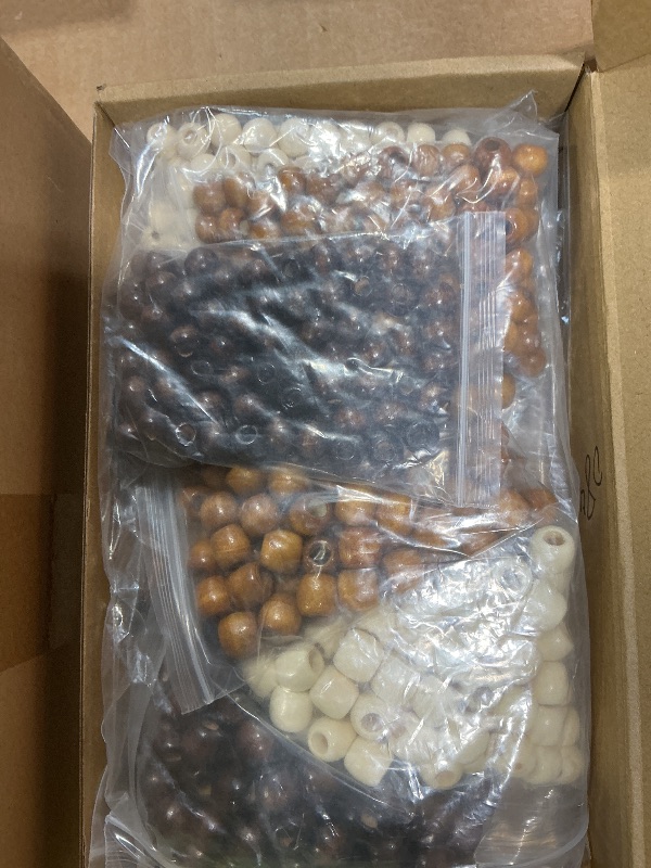 Photo 1 of 1055 Pieces Wooden Hair Beads Set Including 600 Barrel Wood Beads for Braids 450 Black Elastic Hair Bands with 5 Quick Beader(9x10mm,11x12mm,White, Dark Coffee, Light Coffee)