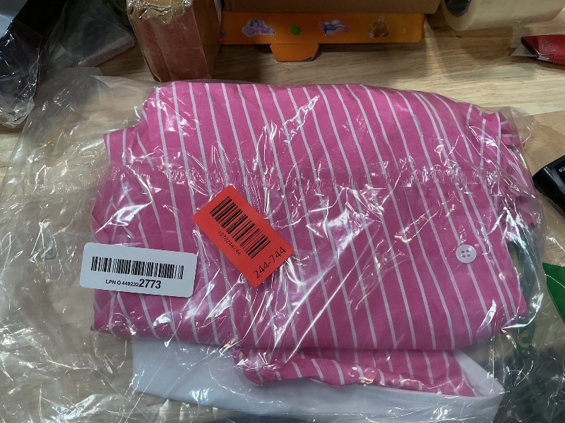 Photo 1 of ***TEAR IN CHEST AREA***Striped Button Down Shirts for Women Cotton Dress Shirt Long Sleeve Collared Blouse Tops Business Office Attire - Pink Striped XL