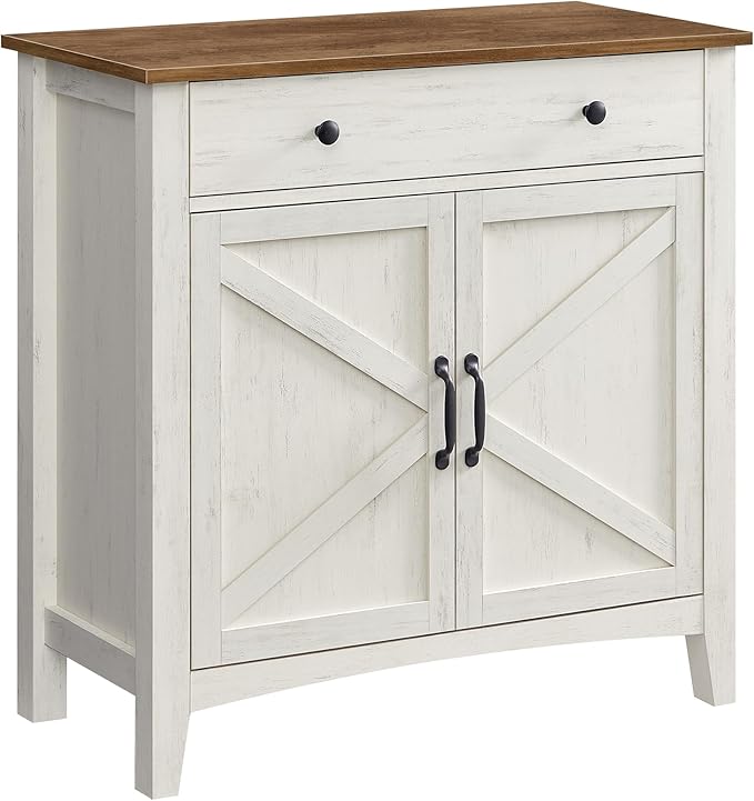 Photo 1 of *** USED/MAJOR DAMAGE/UNKNOWN MISSING HARDWARE***VASAGLE Sideboard Storage with Drawer, Kitchen Cabinet with Doors and Shelf Height Adjustable Farmhouse Style for Living Dining Room Rustic White and Honey Brown BBK341W01