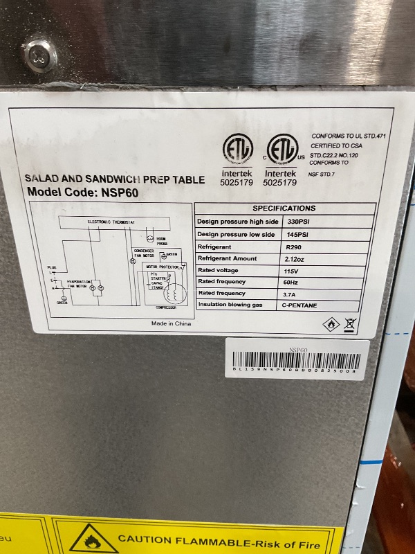 Photo 1 of *** MAJOR DAMAGE***Bluelinecool 60" W Commercial Refrigerator Sandwich Salad Prep Table, Stainless Steel 2-Door Sandwich Prep Table Refrigerator, Counter Fan Cooling Refrigerator with 16 Pans for Restaurant, Bar