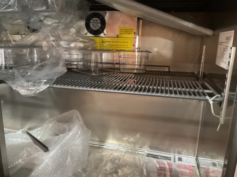 Photo 1 of *** MAJOR DAMAGE***Bluelinecool 60" W Commercial Refrigerator Sandwich Salad Prep Table, Stainless Steel 2-Door Sandwich Prep Table Refrigerator, Counter Fan Cooling Refrigerator with 16 Pans for Restaurant, Bar