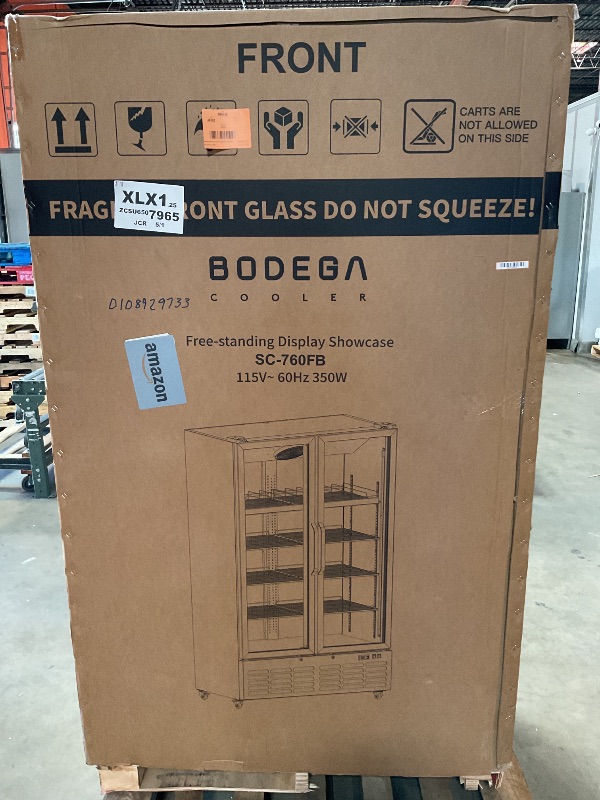 Photo 1 of *** MAJOR DAMAGE***BODEGACOOLER Commercial Merchandiser Refrigerator, 27.02 Cu.Ft Double Glass Door Beverage Cooler, Upright Display Refrigerator with Soft LED Light, Adjustable Shelves, 4 Heavy-Duty Casters, Black
