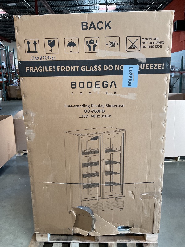 Photo 1 of *** MAJOR DAMAGE***BODEGACOOLER Commercial Merchandiser Refrigerator, 27.02 Cu.Ft Double Glass Door Beverage Cooler, Upright Display Refrigerator with Soft LED Light, Adjustable Shelves, 4 Heavy-Duty Casters, Black
