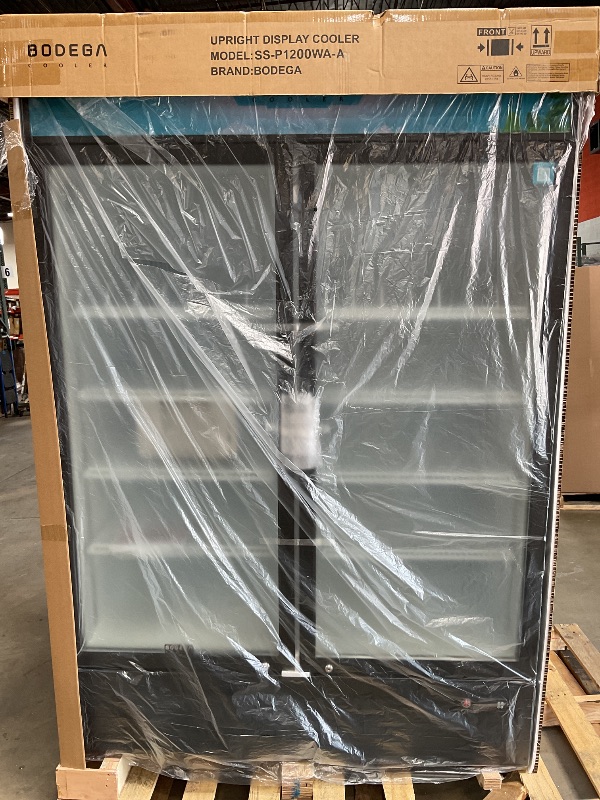 Photo 1 of *** MINOR DAMAGE***BODEGACOOLER Commercial Merchandiser Refrigerator, 40 Cu.Ft Double Glass Door Beverage Cooler, Upright Display Refrigerator with Soft LED Light, Adjustable Shelves, 4 Heavy-Duty Casters, Black