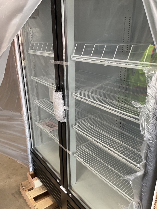 Photo 1 of *** MINOR DAMAGE***BODEGACOOLER Commercial Merchandiser Refrigerator, 40 Cu.Ft Double Glass Door Beverage Cooler, Upright Display Refrigerator with Soft LED Light, Adjustable Shelves, 4 Heavy-Duty Casters, Black