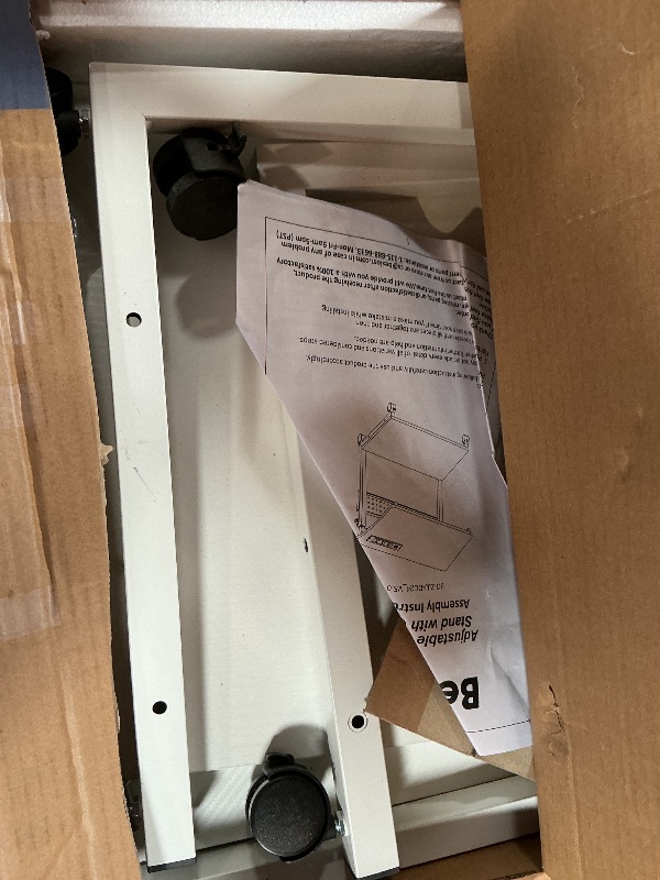 Photo 1 of ***RECOMENDED FOR PARTS / MISSING PIEECS*** Besiost 32" Large Computer Tower Stand with Power Strips, 4 Levels Manual Height Adjustable PC Tower Stand for Under Desk, Mobile Rolling CPU Holder Computer Cart with Wheels, Carbon Fiber White