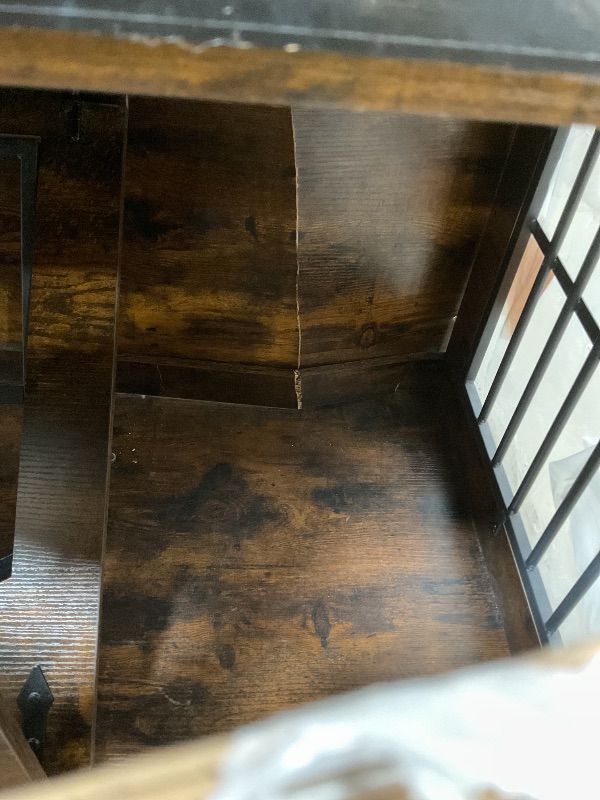 Photo 1 of ** DOOR CHEWED/ SELLING FOR PARTS. BACK PIECE HAS MAJOR CRACKING ** MAHANCRIS Dog Crate Furniture, 31.5" Farmhouse Dog Kennel with Sliding Barn Door, Wooden Dog Cage for Small Medium Dogs, Decorative Pet House Side End Table, Chew-Resistant, Rustic Brown 