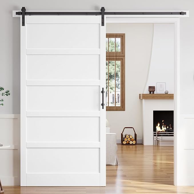 Photo 1 of **PARTS ONLY** DAMAGED** 48x96 Inch White Sliding Barn Door Slab with 8ft Hardware Kit Included, 5-Panel, MDF Wood Panel Covered with Water-Proof Scratch-Proof PVC Surface, Simple DIY Assembly