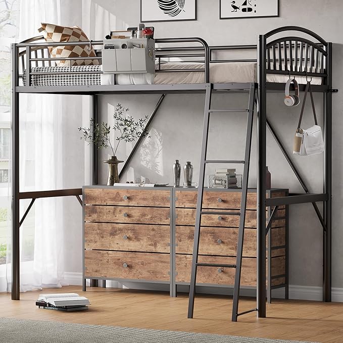 Photo 1 of ** COLOR IS WHITE.**Decofy Metal Loft Bed Twin Size, Twin Loft Bed with Storage Bag, Sturdy Ladder & Full-Length Guardrails, Space-Saving, No Box Spring Needed, Loftbed Frame for Teens Adults, for Bedroom Dorm (Black)