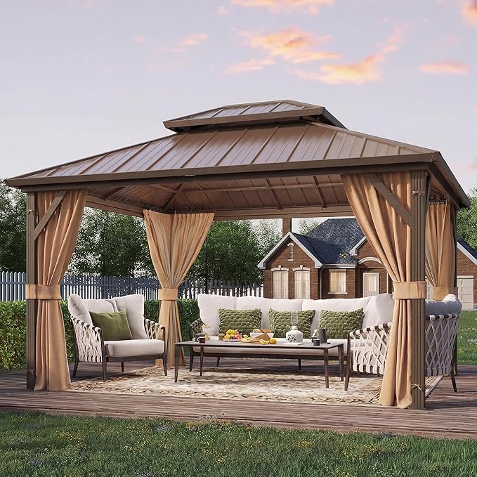 Photo 1 of ****MISSING BEAM PIECES/ 4 BOXES/ DIRTY/ MISSING CURTAINS**** Hoteel 10 x 12 hardtop, gazebo, heavy duty galvanized, steel double metal roof aluminum frame brown