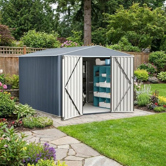 Photo 1 of *** MINOR DAMAGE/PARTIAL SET/MISSING HARDWARE***Garvee 8x12ft Metal Shed, Outdoor Garden Tool Storage Shed with Lockable Doors, Large Metal Shed with Sturdy Frame Structure, for Backyard, Patio, Lawn, Grey