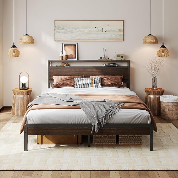Photo 1 of *** PHOTO FOR REFERENCE ONLY***LIKIMIO Queen Bed Frame with Headboard, Dark Wood Camas Queen with Strong Supports, Sturdy, Noise-Free, No Box Spring Needed, Dark Brown