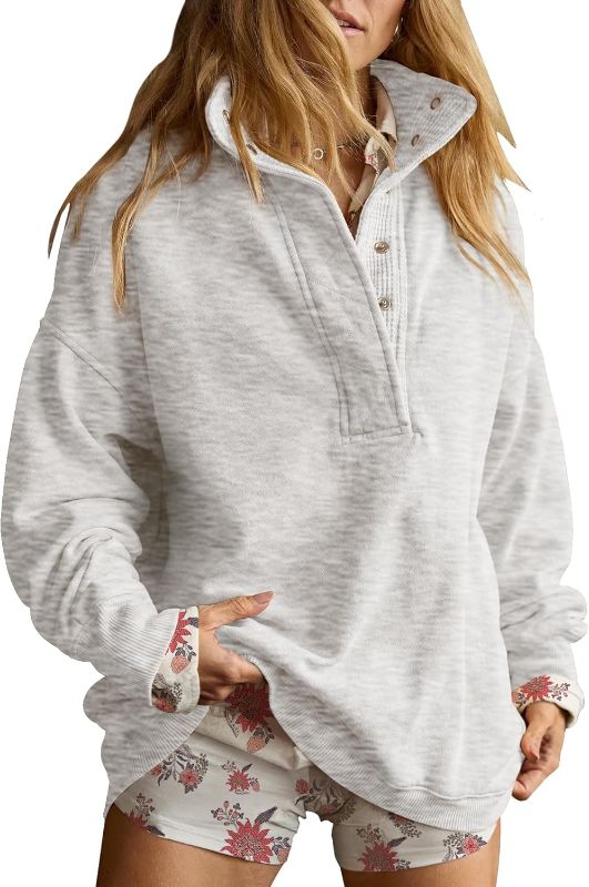 View 1 of **COLOR IS RED** Gacaky Sweatshirt for Women Oversized Casual Long Sleeve Button Henley Neck Pullover Tops Fashion Outfits Clothes