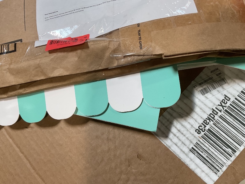 Photo 1 of ** BEND DAMAGE **Boao 4 Pack Circus Awning Decoration 3D Stripe Cardboard Awning Carnival Wall Decor Circus Party Favors for Lemonade Stand Bakery Ice Cream Truck Bulletin Board Decor(White and Green)