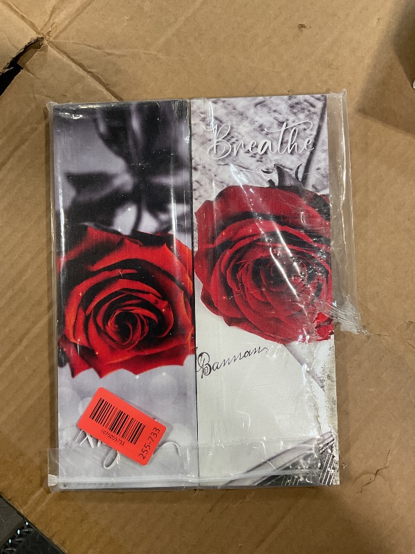 Photo 1 of **MINOR DAMAGE /PICTURE SCRAPED OFF ON THE SIDE **** Set of 4 Red Rose Bathroom Wall Decors Flower Restroom Decor Relax Soak Unwind Breathe Wall Art Farmhouse Bathroom Decor Sign Rustic Wooden Plaque for Home Decoration, 11 x 4 Inches (Rectangle)