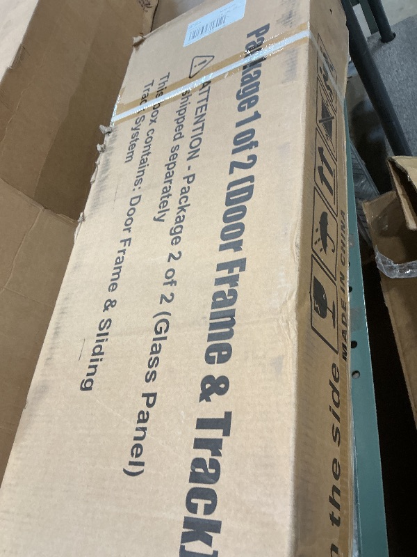 Photo 1 of ** DOOR FRAME AND TRACK ONLY. SELLING FOR PARTS AS PARTIAL SET. ONE BOX OF TWO.**COSHOMER Sliding Closet Door for 72" x 80" Opening, 3-Lite Frosted Glass MDF Barn Door with Hardware Kit Set, Door Panels Need to Assemble, White