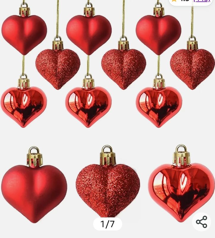 Photo 1 of 12Pcs Heart Ornaments Multi Finish Heart Baubles Hanging Ornaments for Valentine’s Day Decor Mother's Day Christmas Tree Wedding Anniversary Party Decoration(Red)