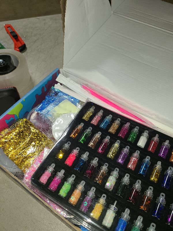 Photo 1 of 126 Pcs DIY Slime Making Kit for Girls Boys - Birthday Idea for Kids Age 5+. Ultimate Supplies Include 28 Crystal Slime, 2 Glow in The Dark Powder, 48 Bottle Glitter Jar etc.