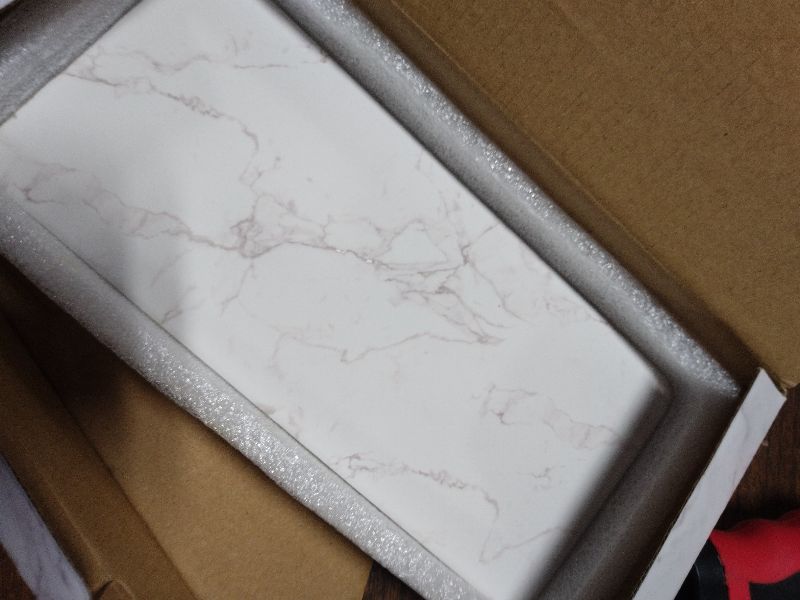 Photo 1 of 2 Pcs Water Absorbing Stone Drying Trays for Bathroom Sink Kitchen Counter Soap Dish Dispenser Sponge Holder White Ceramic Bathroom Vanity Quick Dry Stone Mat for Kitchen Sink Marble Diatomite Tray