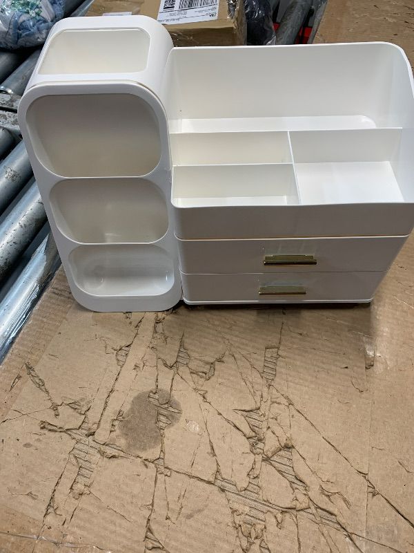 Photo 1 of ***MINOR DAMAGE SEE COMMENTS**HBlife Makeup Organizer with Brush Holder for Vanity, Large Plastic Bathroom Countertop Organizer Skin Care Storage, Easy to Store Lipsticks, Nail Polishes, Perfumes, Eyeshadow Palettes, All White