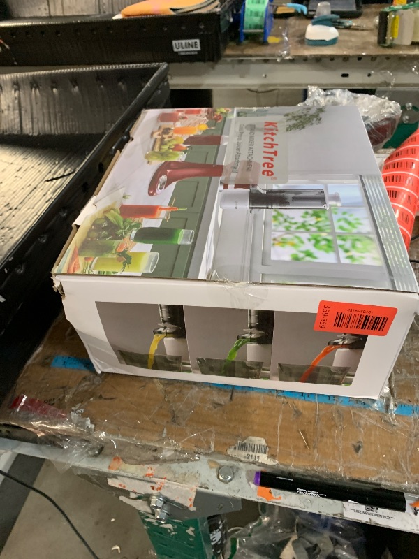 Photo 1 of ***MAY HAVE ISSUES WITH FUNCTIONALITY**

KITCHTREE Masticating Juicer Attachment for KitchenAid Stand Mixer, 4.2" Large Feed Chute Fit Whole Vegetables & Fruits, Slow Cold Press Juicing, Includes 2 * 28oz capacity cups