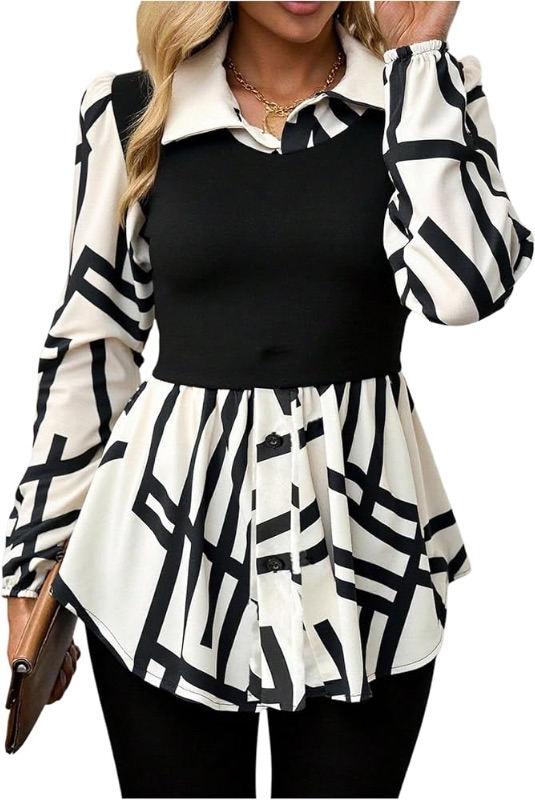 Photo 1 of ***MISSING BLACK TOP, STOCK PHOTO**GORGLITTER Women's Long Sleeve Peplum Tops Blouse Dressy Casual Button Down Collared Shirts Fall Teacher Baby Doll Tops L