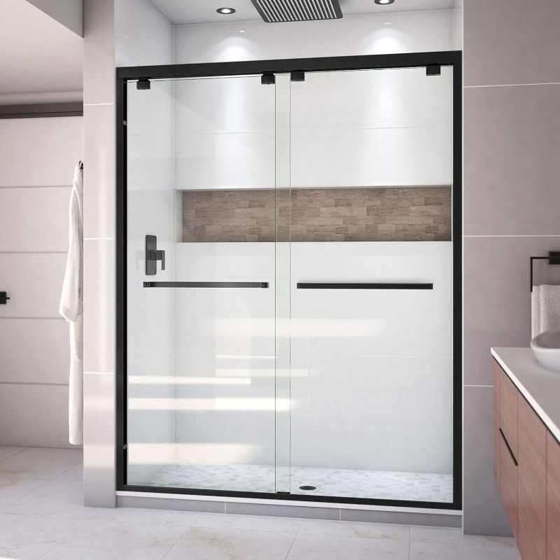 Photo 1 of **HAS SOME SCRATCHES ON GLASS***DreamLine Encore 56-60 in. W x 58 in. H Semi-Frameless Bypass Sliding Tub Door in Satin Black with Frosted Glass