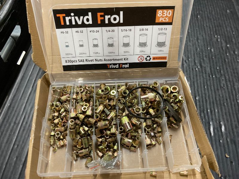 Photo 1 of ***PLASTIC BOX IS BROKEN***Trivd Frol Rivet Nut Tool Kit, 830pcs SAE/Metric Rivet Nut Assortment Kit #6-32, #8-32, #10-24, 1/4-20, 5/16-18, 3/8-16, 1/2-13, w Galvanized Carbon Steel Flat Head Threaded Insert Nuts (SAE - 830pcs)**PLASTIC BOX IS BROKEN***
