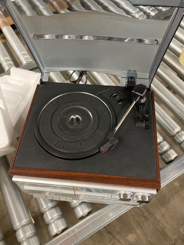 Photo 1 of ***SELLING AS PARTS ONLY -NON-FUNCTIONAL *** Record Player 9 in 1 3 Speed Bluetooth Vintage Turntable CD Cassette Vinyl Player AM/FM Radio USB/SD Playback Aux-in RCA Line-Out (Silver)  ***SOME SCUFFS/SCRATCHES***