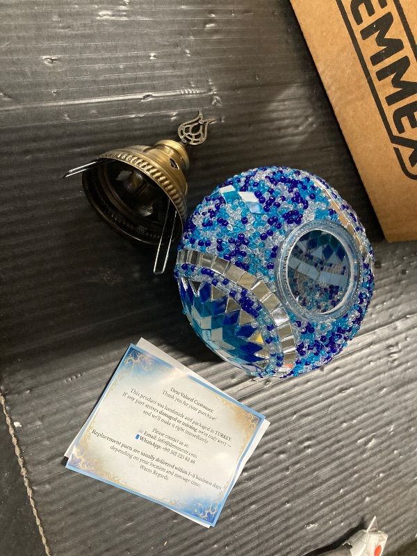 Photo 1 of ***MISSING THE BASE***DEMMEX – 7" Large Globe Turkish Moroccan Mosaic Table Lamp, Handcrafted Tiffany-Style Colorful Glass Bedside, Desk & Table Light, Artisan Decor for Living Room or Bedroom, 14" H (Blue)***MISSING THE BASE***